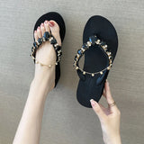 deanwangkt New Ins Rhinestone Chain Thick-soled Flip-flops Women Wear Beach Holiday Sandals and Slippers with Wedges Outside Summer.