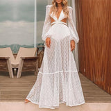 deanwangkt Sexy V-Neck Backless Hollow Out Dress  Summer Women Lantern Sleeve Club Party Long Maxi Dresses Tunic Beach Cover Up