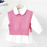 deanwangkt Spring Autumn Baby Girls Sweet Candy Color  Knitting Sweater Vest  Shirts Clothing Sets Children Korean Blouse Vest Outfits