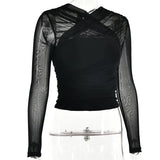 deanwangkt Spring Summer Women Sexy Daily Wear Cold Shoulder Sheer Mesh Lace Blouse Long SLeeve Black Shirt Casual