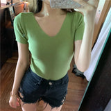 deanwangkt Summer Women Knitted T-Shirts Short Sleeve Shirts Pullover Tops Female Elastic Slim Casual Knit Tee Crop Tops Women's T-Shirts