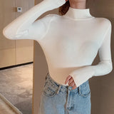 deanwangkt Autumn Long Sleeve  Women's Sweaters Thin Turtleneck Stretch Matte Blue Knitted Pullover Sweater Tops  Free Size