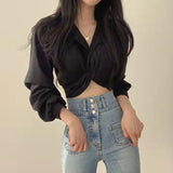 Vintage Streetwear Harajuku Sexy Women Blouse Crop Top Korean Style Trends Black White Long Sleeve Shirt Female Tunic Chic