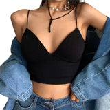 deanwangkt Women Stripe Tube Top Sexy Knitted V-Neck Camisole Bralette Sleeveless Spaghetti Vest Summer Basic Short Tank Tops With Bra Pad