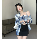 deanwangkt Spring Simplicity Plaid Turn-down Collar Long Sleeve Blouse Women Clothes Casual Buttons Slim Sling T-Shirt Two-piece Dress Tops