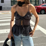 deanwangkt Sexy Black Mesh See-Through Crop Tops V-Neck Front Tie Up Ruffles Camis Summer Holiday Backless Vest Tops Y2K