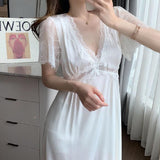 Female Nightgown Elegant Palace Style Princess Long Nightgown Sleepwear Summer Short Sleeve Sleepshirt Satin Silk Home Dress