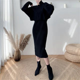 deanwangkt 2 Pieces Set Long Dress for Women Fall Winter Korean Fashion Sleeveless Knitted Dress and Cropped Sweater Set