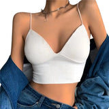 deanwangkt Women Stripe Tube Top Sexy Knitted V-Neck Camisole Bralette Sleeveless Spaghetti Vest Summer Basic Short Tank Tops With Bra Pad