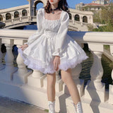 deanwangkt White Lolita Dress Kawaii Vinatge Long Sleeve Mini Dresses Black Gothic Bandage Lace Patchwork Streetwear Square Collar