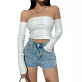 deanwangkt Female Crop Tops T-shirts, Solid Color Boat Neck Off Shoulder Sexy Tops Pullover with Long Sleeves for Summer Club Wear