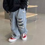 deanwangkt Spring Kids Trousers Boys Fashion Ripped Jeans Baby Girls Loose Casual Denim Pant