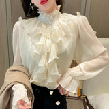 deanwangkt Vintage Ruffles Clothes Elegant Lace Blouse Women Spring Stand Collar White Chiffon Shirt Long Puff Sleeve Loose Tops