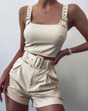 deanwangkt Women Fashion Summer Two Piece Set Sleeveless Eyelet Buckled Sling Crop Tank Top and Shorts Set Y2K 2Pcs Set Streetwear