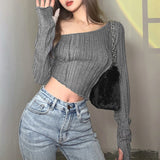 deanwangkt Y2k Women Casual Long Sleeve T-shirt Crop TopFashion Solid Color Oblique Shoulder Irregular Exposed Navel Tops Tee Streetwear