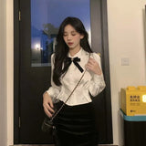 deanwangkt White Shirts Woman Kawaii Lace Lolita Blouses Sweet Tunics Fairycore Peter Pan Coller Crop Long Sleeve Tops Preppy Korean