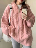 deanwangkt Korean Fashion Knit Cardigan Women Autumn Winter Casual Loose Zipper Hooded Thick Sweater Coat Long Sleeve Pink Top