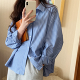 deanwangkt Pink Striped Shirts for Women Spring Summer Korean Loose Turn Down Collar Long Sleeve Tops Casual Harajuku Blouses