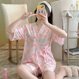 deanwangkt Summer Short pink Pajamas For Women Cute Girl Sleepwear Kimono Pajama Sets Pyjamas Casual Sleepwear Homewear Lounge Fashion