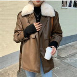 deanwangkt Leather Fur Coat Winter Jacket Women New Fall Lamb Wool Warm Locomotive Coat with Sashes Korean Fashion PU Outwear