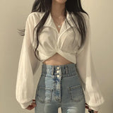 deanwangkt Vintage Streetwear Harajuku Sexy Women Blouse Crop Top Korean Style Trends Black White Long Sleeve Shirt Female Tunic Chic