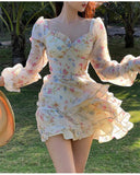 Spring New French Long Sleeve Floral Small Spice Girl Party Dresses For Women Sweet Boho Beach Holiday Dress Robes Vestidos