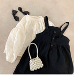 deanwangkt Girls spring fashion white blouse and black overalls dress Kids all-match Outfits 2pcs sets