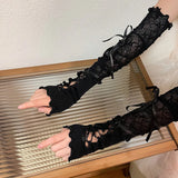 deanwangkt Sexy White Hollow Satin Bow Lace Gloves Lolita Bride Thin Sun Protection Arm Sleeves Women Summer Fingerless Sunscreen Mittens