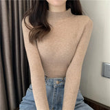 deanwangkt Autumn Basic Bottoming Sweater Top Women Ribbed Soft Mock Neck Elastic Pullover Warm Solid Color Slim Jumper