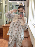 Cartoon Bear Print Lace Cute Sleepwear Sweet Home Long Sleeve Pajama Set Women Girlish Style Princess Loose Casual Sleep Tops