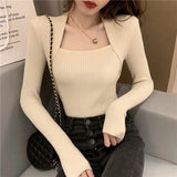 deanwangkt Women Sweater Pullover Long Sleeve Top Square Collar Casual Fashion Women's Jumper Sexy Knitted Sweater Women Pullover Tops