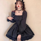 deanwangkt White Lolita Dress Kawaii Vinatge Long Sleeve Mini Dresses Black Gothic Bandage Lace Patchwork Streetwear Square Collar