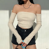 deanwangkt Female Crop Tops T-shirts, Solid Color Boat Neck Off Shoulder Sexy Tops Pullover with Long Sleeves for Summer Club Wear