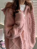 deanwangkt Korean Fashion Knit Cardigan Women Autumn Winter Casual Loose Zipper Hooded Thick Sweater Coat Long Sleeve Pink Top