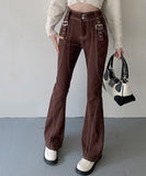 deanwangkt Retro High Waisted Flare Jeans Women Korean Autumn New Y2K High Street Brown Pants Female Buckle Cool Casual Pants S-XL