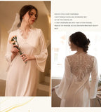 deanwangkt Long Tailing Nightgown Women Wedding Robe Elegant Lace Embroider Sleepwear Bride Banquet Dressing Gown Flare Sleeve Kimono