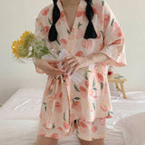 deanwangkt Pink Pajama Sets Women Sweet Casual Simple Design Stylish Japanese Style Lace-up Print Summer Home Lounge Wear Cozy Breathable