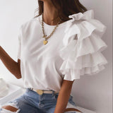 deanwangkt Fashion blouse women elegant white Solid Color Layered Ruffle Short Sleeve Asymmetric Loose T-shirt Top for Summer Women Blouses