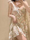 Casual Beach Straps Dress Women Slim  Summer Sweet Elegant Y2k Mini Dress Fairy Sleeveless Floral One Piece Dress Korean