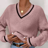 deanwangkt Casual Loose Knitted Sweater for Women Autumn Stripe V-Neck Sweater Winter Solid Soft Office Lady Pullover Fashion Jumper