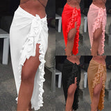 deanwangkt Women Chiffon See-Through Beach Bikini Cover Up Wrap Scarf Swimwear Pareo Sarong Dress Solid Ruffle Casual Beach Dress