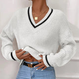 deanwangkt Casual Loose Knitted Sweater for Women Autumn Stripe V-Neck Sweater Winter Solid Soft Office Lady Pullover Fashion Jumper