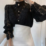 deanwangkt Vintage Solid White Lace Blouse Shirts Women New Korean Button Loose Shirt Tops Female Hollow Casual Ladies Blouses Blusas