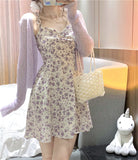 Floral Slip Dress Ladies Mini A-line Strap Dress  High Waist Ruched Purple Sundress For Women Spring  Clothing Robe Femme Fairy Dress