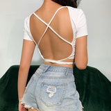 deanwangkt Women Sexy Harajuku Open Back Crop Tops Summer Ladies Bandage Lace-up Backless White Tank Tops High Street Slim Halter Tops