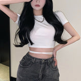 deanwangkt Summer Sexy Party Short Sleeve Tops Women Backless Hollow Out  Short Crop Tops Camisoles Streetwear White Lace Up Crop Tops