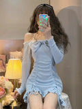 deanwangkt Korean Fashion Dresses Style Party Mini Dresses Women Strapless Sexy Kawaii Dresses Women Long Sleeve Lace Kawaii Lolita Dresses