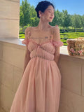 Summer Pink Casual Beach Fairy Dress  Boho France Elegant Strap Dress Women Chiffon Korean Style Sweet Party Midi Dress New