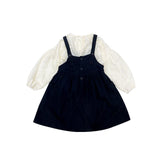 deanwangkt Girls spring fashion white blouse and black overalls dress Kids all-match Outfits 2pcs sets