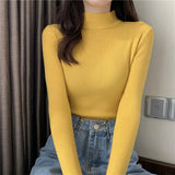 deanwangkt Autumn Basic Bottoming Sweater Top Women Ribbed Soft Mock Neck Elastic Pullover Warm Solid Color Slim Jumper